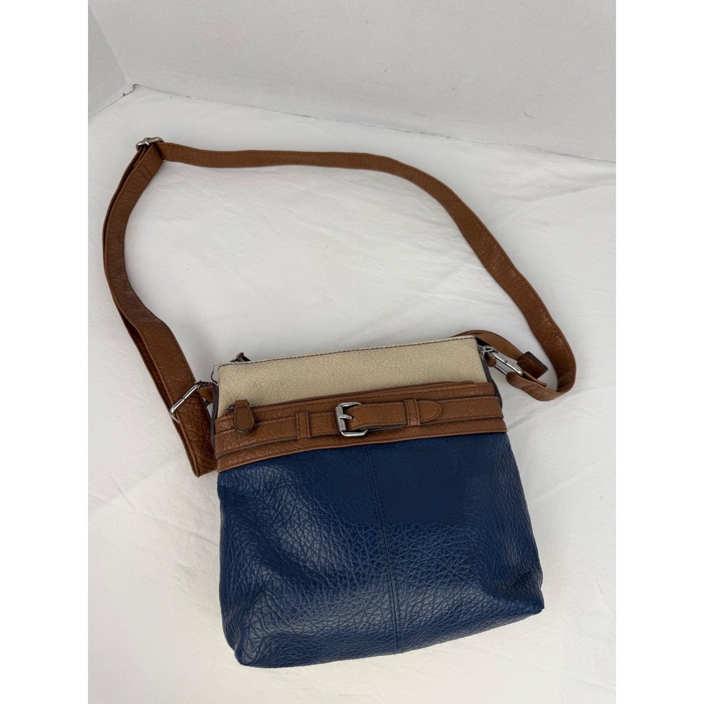 Style & Co Colorblock Crossbody Bag Navy Brown Cream Faux Leather Belted Detail - Picture 3 of 10